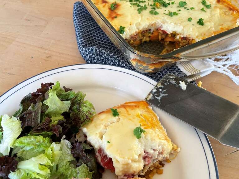 Yumbini is fast and delicious eaten pure and simple, but you can also use it to quickly and easily make impressive dinners like this layered casserole fit for guests.
