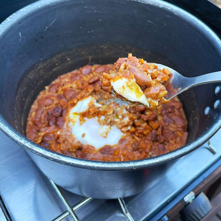 On the trail or in your kitchen, crack and egg on top of Yumbini while it is cooking for a special treat. Fast, easy, delicious and nutritious.